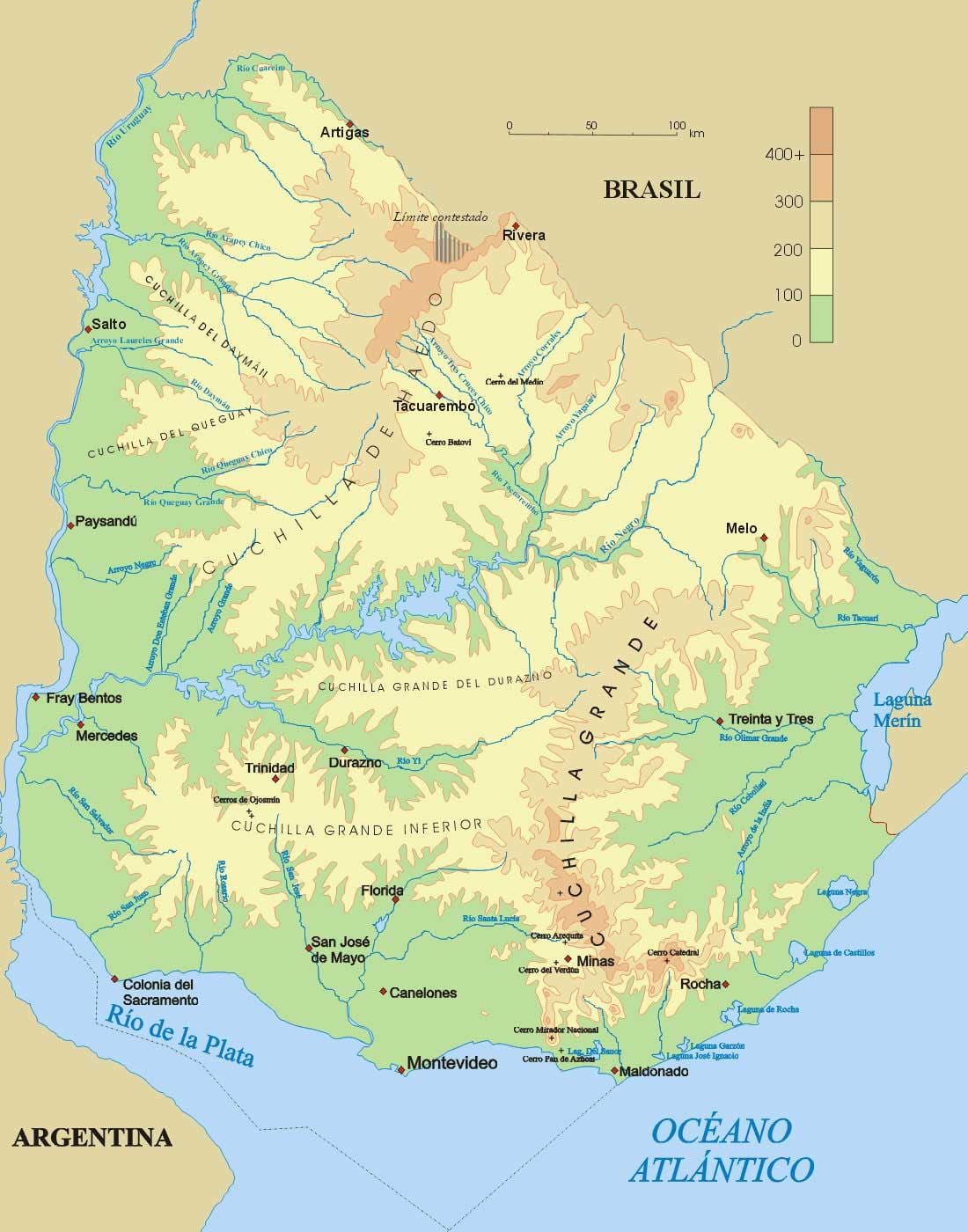 地図のウルグアイの物理