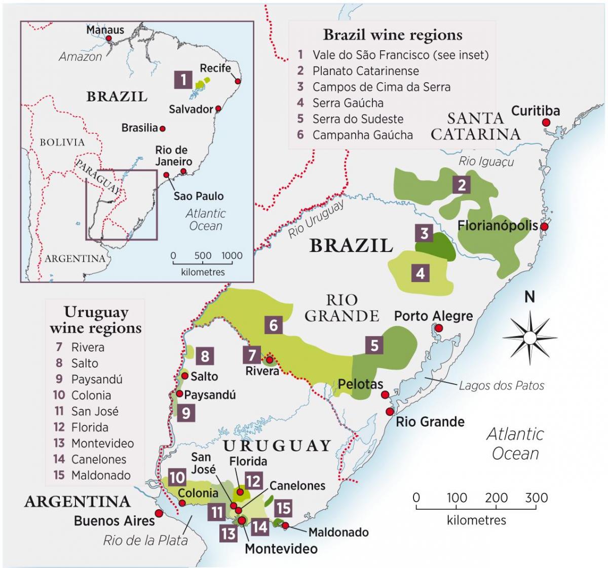 地図のウルグアイのワイン